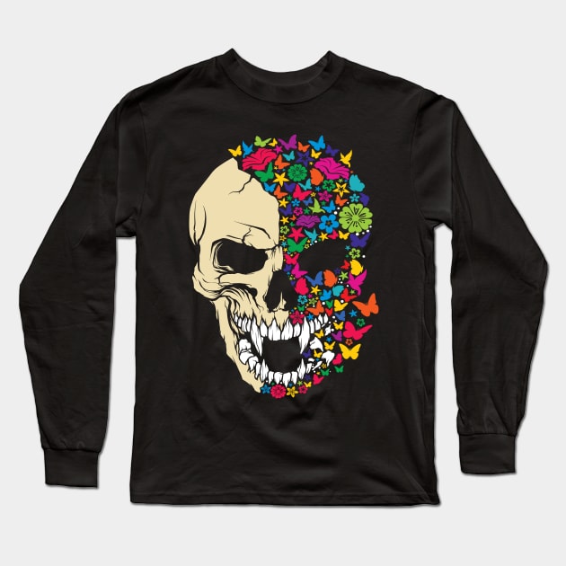 VAMPIRE SKULL COLORED WITH BUTTERFLYS AND FLOWERS Long Sleeve T-Shirt by Velvet Love Design 